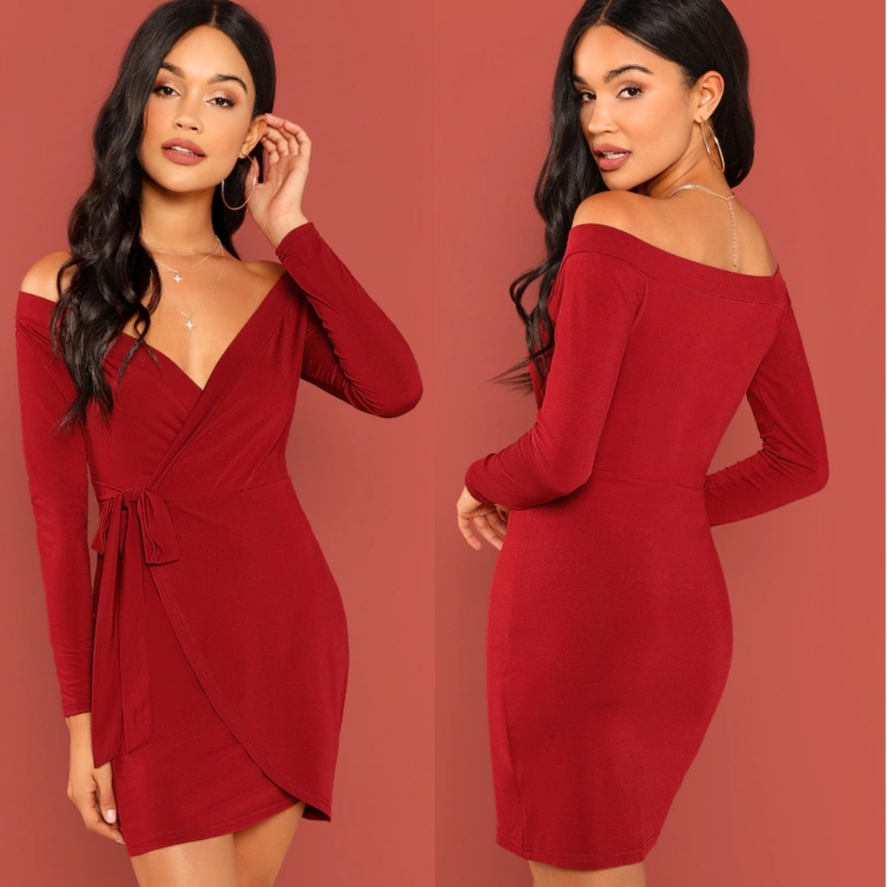 Red Off Shoulder Wrap Mini Dress